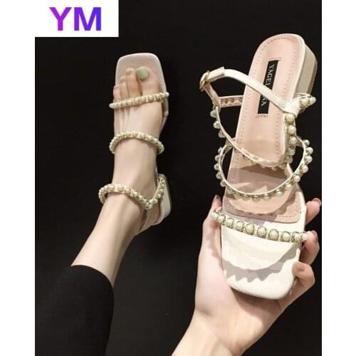 Square Toe 021 Summer Sandals Women Open Toe Gladiator Shoes Women Ring Fashion Shoes Pearls Buckle Square Heels Zapatilla Mujer