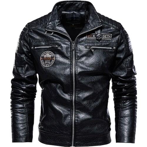 Mens Leather Jackets Autumn Winter Fleece Pilot Biker Bomber Faux Coats Windbreaker Male Warm Stand Collar PU Leather Jackets