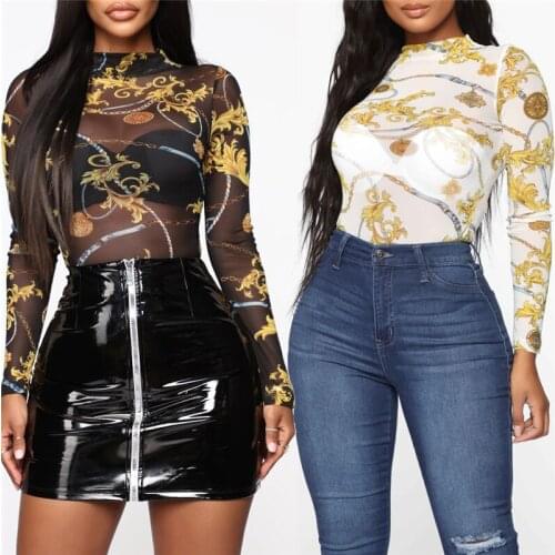 2019 New Hot Women Ladies Sexy Perspective Floral Tops Autumn Winter Casual Print Shirt Blouse