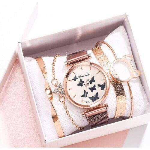 2020 New Magnet Buckle Simple Casual Wrist set Watch Female Alloy Mesh Strap Butterfly Dial uartz Wristwatches Women Clock Reloj