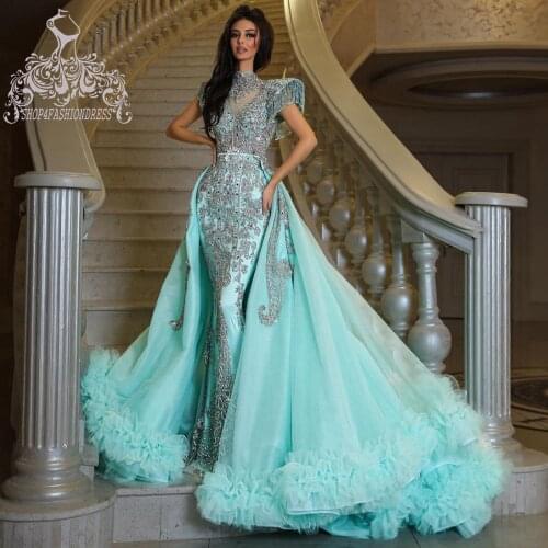 Dubai Luxury Beaded Crystals Mermaid Evening Dress With Detechable Train Gorgeous Ruffles Tulle Saudi Arabia Evening Gowns