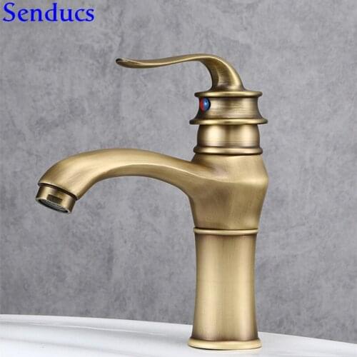 Senducs Antique Bathroom Mixer Tap Luxury European Antique Basin Sink Faucet Deck Mounted Brass Antique Bathroom Basin Faucet