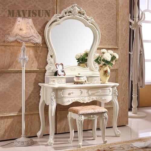 Northern European Solid Wood Small Apartment Bedroom Dressing Table With Mirror And Stool White Carved Dressing Table Furniture