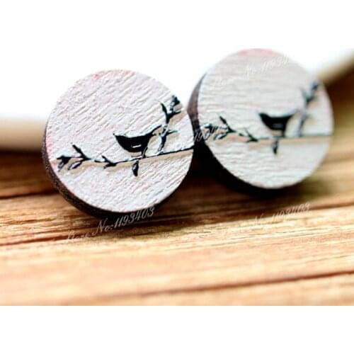 Unique 3D Bird Embossed 16mm Round Coloured Drawing pattern Laser Cut wood Cabochon DIY for Rings, Earring,Brooch,Necklace