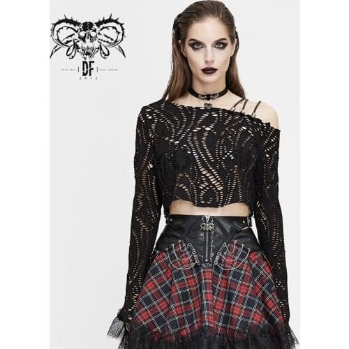 Devil Fashion Womens Gothic Hollow Long Sleeve T-shirt Punk Style Sexy Asymmetry Shoulder Daily Casual Short Top