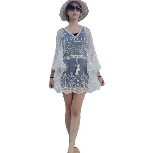 Women’s Summer Swimwear Sexy Hollow Fashion Lace Embroidery Loose Lace Up Bat Sleeve Woman Casual Beach Sunscreen Shirt 2021