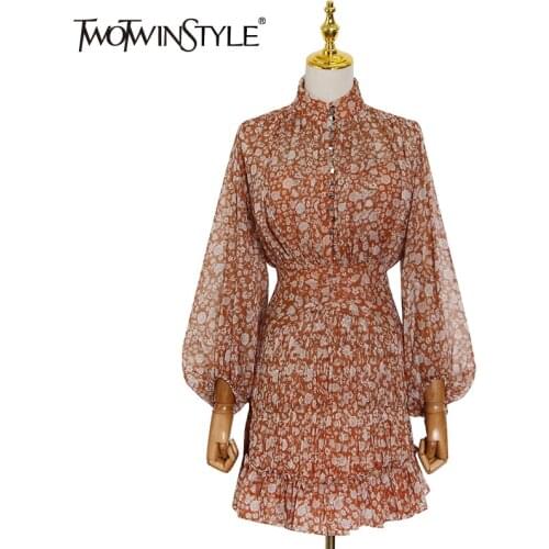 TWOTWINSTYLE Boho Dress Floral Print Colorblock Stand Collar Lantern Sleeve High Wasit Mini Long Dress Female 2021 Spring New