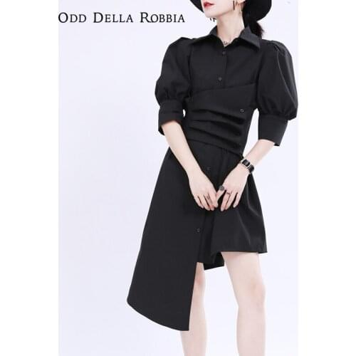 OddDellaRobbia Summer 2021 Womens Elegant Waist Solid Color Puff Sleeve Shirt Skirt Pleated Asymmetric Commuting OL Dress 1379