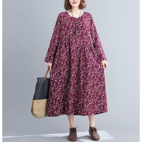 2021 New Arrival Print Floral Loose Autumn Dress Cotton Linen Vintage Office Lady Work Dress Plus Size Women Casual Spring Dress