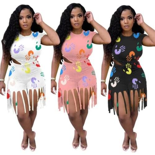 ZKYZWX S-4XL Plus Size 2 Piece Set Short Sleeve T Shirt Tops Tassel Shorts Summer Outfits for Women Cute Hand Print Matching Set