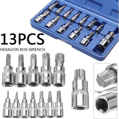 13pcs 1/4 3/8 & 1/2 inch Drive T8 E9G6 Bit Socket Durable Tamper Proof Torx Star Bit Socket Set Repair Hand Tool Set