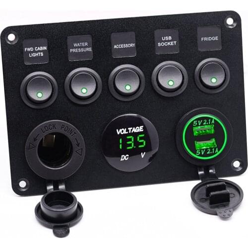 5 Gang Green LED Toggle Rocker Switch Panel Voltmeter Dual USB Socket Charger On - Off Switch Boat Marine Truck