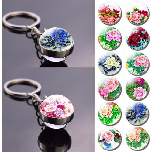 Peony Photo Keychain Flowers Glass Ball Keyring Flower Jewelry Gift for Girls Exquisite Bag Accessaries