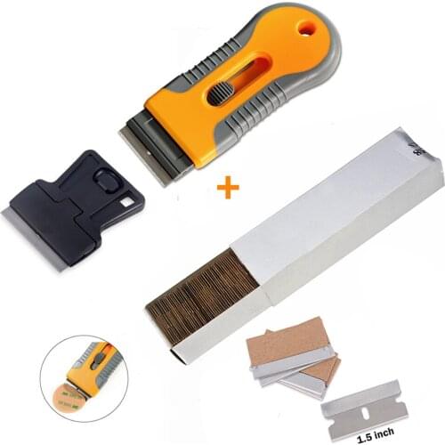EHDIS 100pcs 1.5" Carbon Steel Razor Blade + 2pcs Razor Scraper Vinyl Car Wrap Tool Widow Tint Sticker Remover Glass Clean Tool