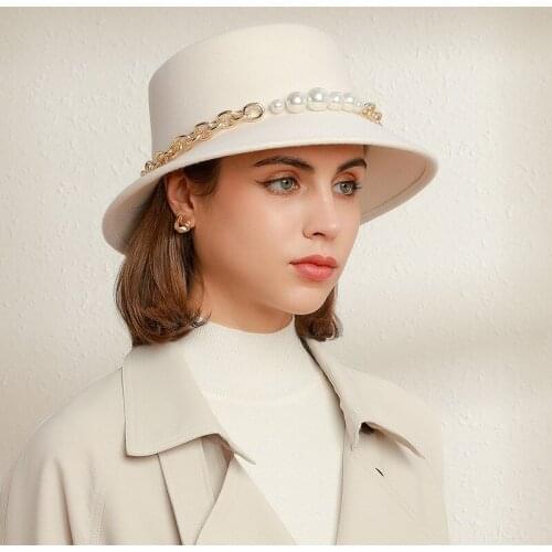 European and American autumn and winter new ladies pearl basin hat ladies fashion woolen temperament top hat felt hat