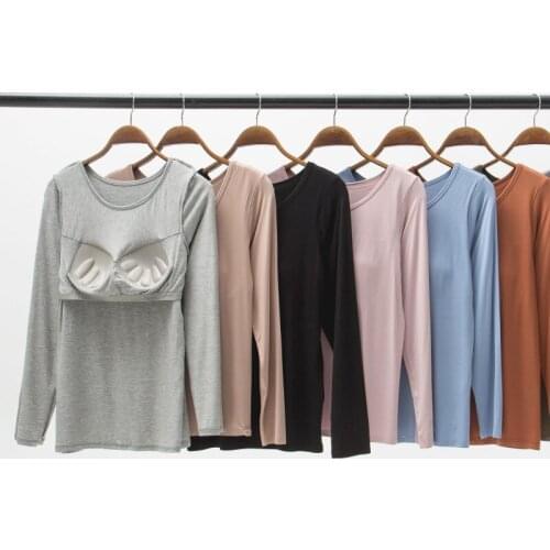 Round neck long-sleeved t-shirt with chest pad modal womens free bra cup one-piece no rims pajamas underwear bottoming shirt