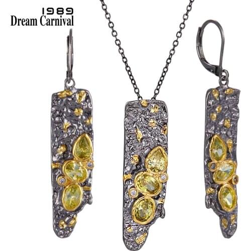 DreamCarnival1989 New Arrive Gothic Earrings Pendant Necklace Set for Women Black Gold Color Vintage Unique Olivine CZ EP3992S2