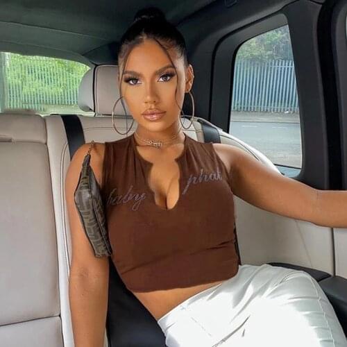 Diamond Letters Summer Crop Tops V-Neck Sleeveless Sexy Top Tees Slim Short Cropped Feminino Tops Chic Streetwear clothes shirt