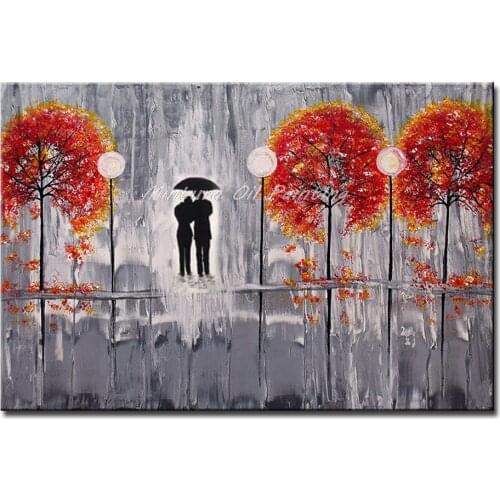 Mintura Art Hand Painted Acrylic Canvas Oil Paintings Lovers Under the Maple Tree Art Pictures Room Decor Hotel Decor No Framed