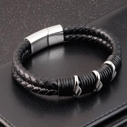 Multilayer Combination Stitching Stainless Steel Mens Leather ChristmBracelet Geometric Figure Accessories Luxury Birthday Gift