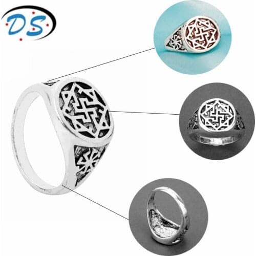 Mens Ring Nordic Pagan Triskele Helm of Awe Aegishjalmur Futhark Viking Magic Stave Runic Amulet Ring Jewelry