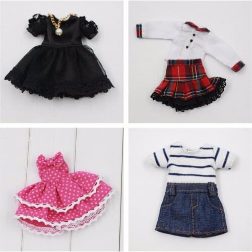 Outfits for 1/8 Middie Blyth black dress pink spot dress red plaid waist cut dress stripe jeans dress for the 20cm height doll