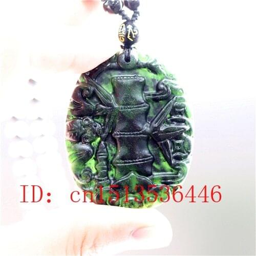 Natural Black Green Jade Chinese Bamboo Pendant Necklace Hand Carving Charm Jewelry Carved Amulet Luck Gifts Men Her