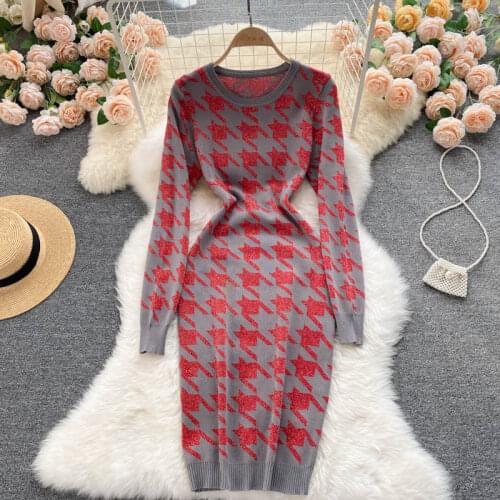 2021 Autumn Winter New Women Classical Plaids Jacquard Long-sleeved Midi Pullovers Dress
