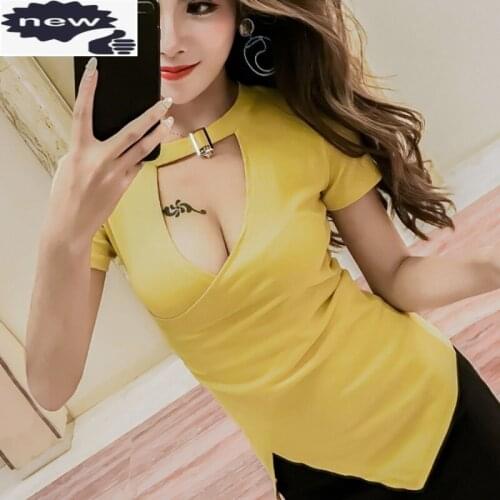 New Sexy Women Summer V Neck Low Cut T-shirt Slim Fit Hot Hollow Out Night Club Tops Short Sleeve Harajuku Tees Shirts Free Size