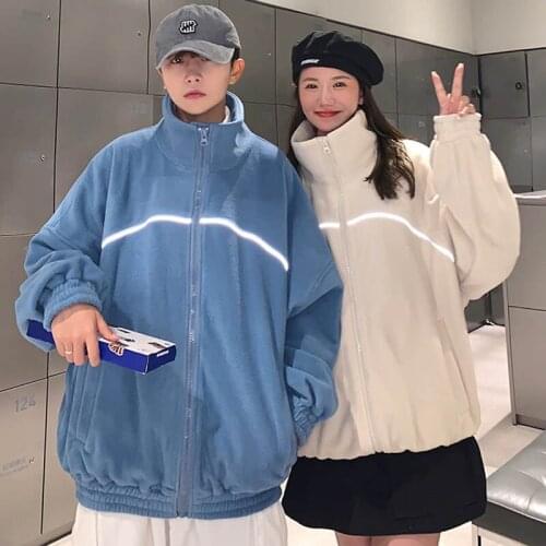 Autumn Winter Zipper Cardigan Hoodies Fleece Warm Reflective Strip Sweatshirts Streetwear Mens Loose Casual Couples Clothing