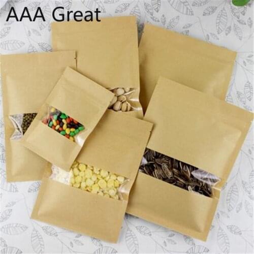 Kraft Paper Food Bag Zip Lock Reusable Sealing Bag Pouch with Clear Window for Storing Cookie Dried Food 50Pcs/Lot New