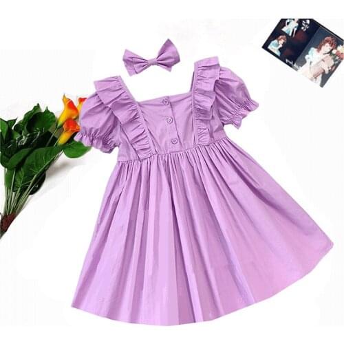 Girls Dress 2021 Summer New Kids Fashion Puff Sleeve Solid Color Cute Princess Dress 2-7 Years Old Child Clothing