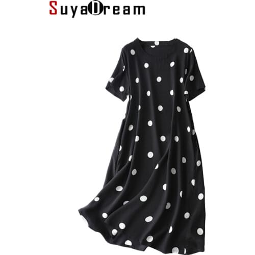 SuyaDream Woman Midi Dress 100%Silk Crepe A line Short Sleeves O neck Dots Printed Dresses 2021 Black Summer Dresses