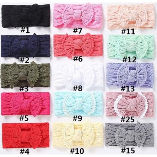 100 pcs/lot, Wholesale Pompom trim Knot Bow Soft Nylon Headbands,Waffle Knit Wide Nylon Bow Headwrap, 27 Colors available