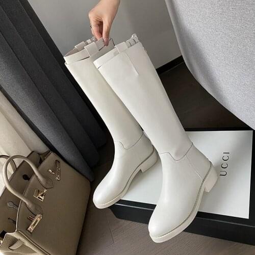 QZYERAI 2021 Cow Leather High Quality Round Toe Riding Equestrian Boots Zipper Buckle Straps Concise Designer Thigh High Boots