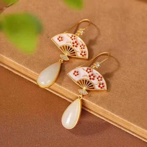 S925 Sterling Silver Nephrite Lady Gold Plated Plum Blossom Fan Earrings Fine Restoring Ancient Ways Weddings Jewelry MeiBaPJFS