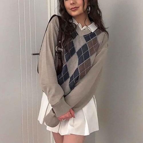 Autumn And Winter New Delicate Cute Girls Light Brown Lapel Diamond Knitted Sweater Casual Loose Long-Sleeved Top Streetwear