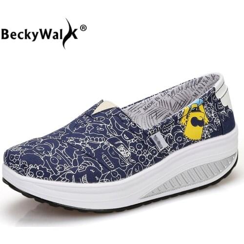 BeckyWalk Women Print Cloth Casual Loafers Spring Autumn Female Canvas Shoes Platform Sneakers Slip On Swing Shoes Women WSH2926