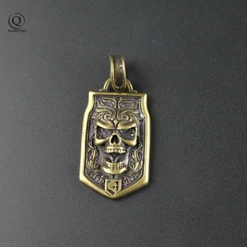 Vintage Skull Head Hanging Tag Pendant for Necklace Keychain Punk Rock Hip Hop Men Trendy Jewelry Pure Brass Cool Keyring Charms