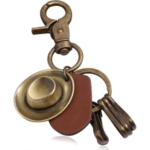 Vintage Punk Metal Hat Diy Keychain Genuine Leather Pendant Pant Car Keyrings Holder Cowboy Jewelry Accessories Boyfriend Gift