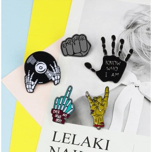 Gothic Pin Black Fist Skeleton Hand DJ Brooches Denim Shirt Collar Backpack Button Lapel Pins Punk Badges Halloween Jewelry Gift