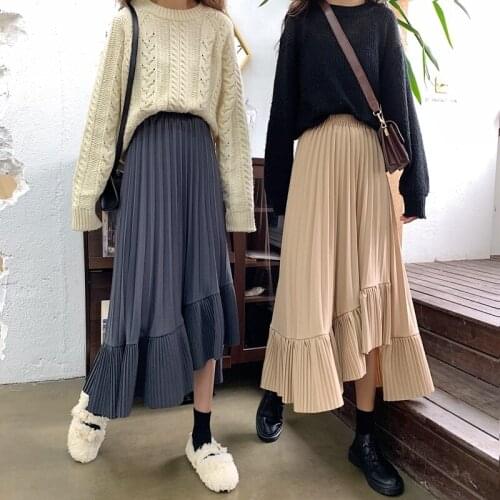 Wenfly Women Korean Student Long Skirts High Waist Elastic Pleated Female Casual Loose Fashion Ruffles Irregular Tide