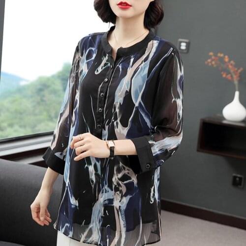 Spring Summer Chiffon Women Mid-Length Loose Casual Shirts Fashion O-Neck Print Large Size Tops Blusas MM0432