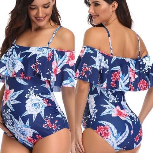 Womens One-Piece Maternity Swimwear Pregnancy Monokini Swimsuits Strapless Straps Printed Ruffle Sexy Swimsuit Bathing Suit