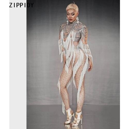 Fake Stone Long Sleeves White Tassel Jumpsuit Women Dancer Spandex Leggings Outfit Singer Show Prom Birthday Outfit