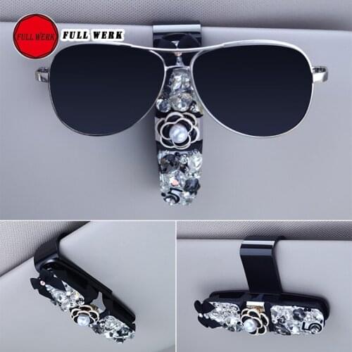 1pc ABS Rhinestone Car Sun Visor Glasses Clip Creative Ticket Receipt Card Clamp Storage Holder Flower Interior Accessories
