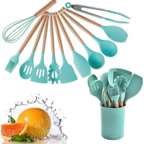 12PCS Silicone Cooking Utensils Set Non-stick Spatula Shovel Wooden Handle Cooking Tools Set With Storage Box Kitchen Tools
