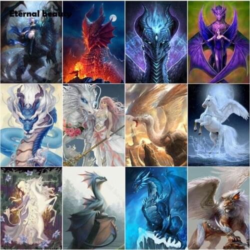 Diamond Painting Fantasy Dragon Mythical Beast and Girl Cartoon Flying Wings Animal Diamond Embroidery Handmade Diamond Mosaic