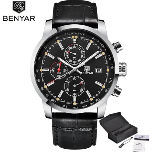 BENYAR Black Leather Luxury Business Quartz Mens Watch Casual Multifunction Fashion Waterproof Chronograph Relogio Masculino