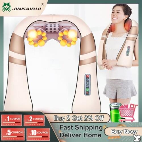 JinKaiRui Cordless Rechargeable Neck Back Shiatsu Massager 3D Deep Kneading Portable Full Body Massagem with Heat Relieve Pain